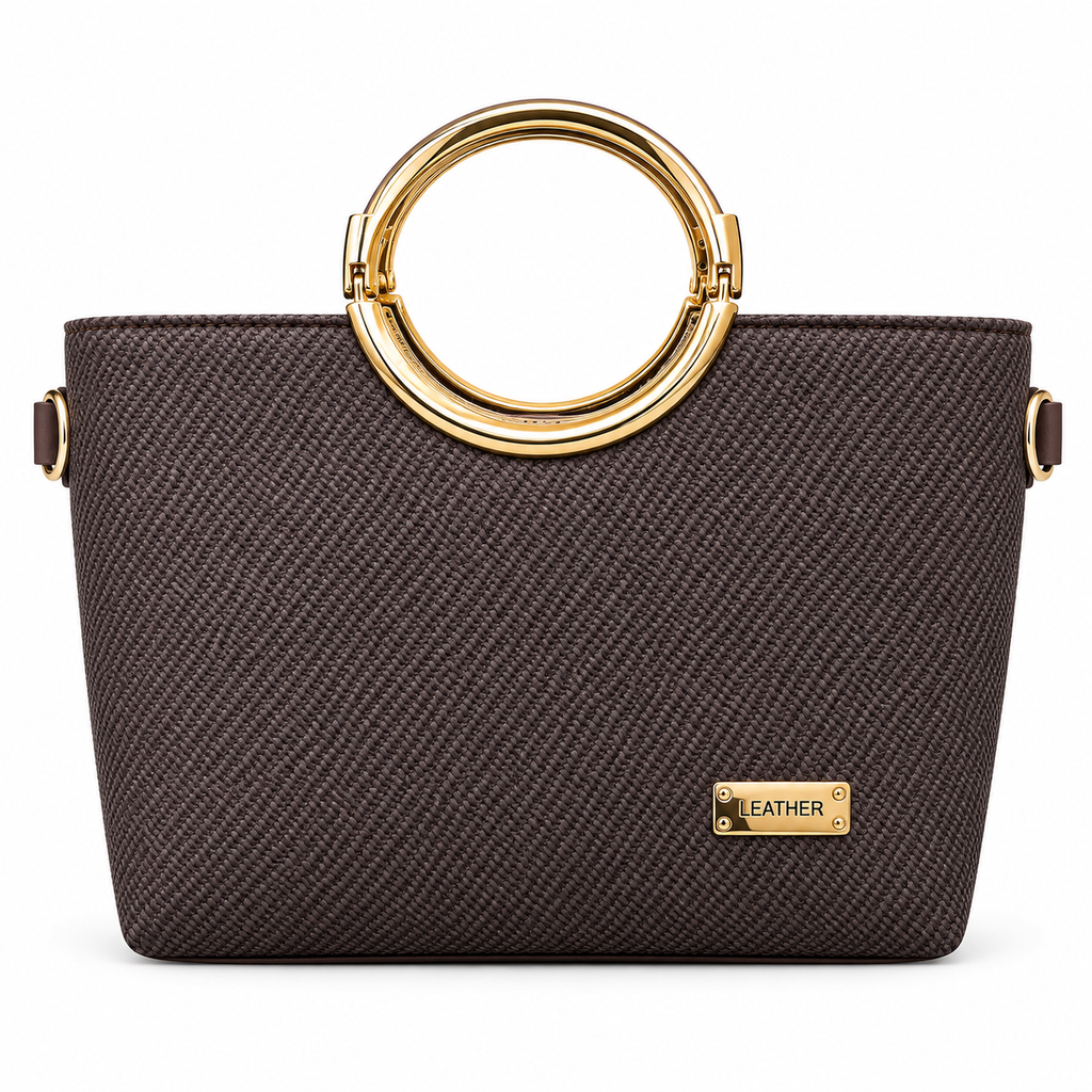 ARUKSA textured ring handle handbag with gold-tone circular handles and structured silhouette