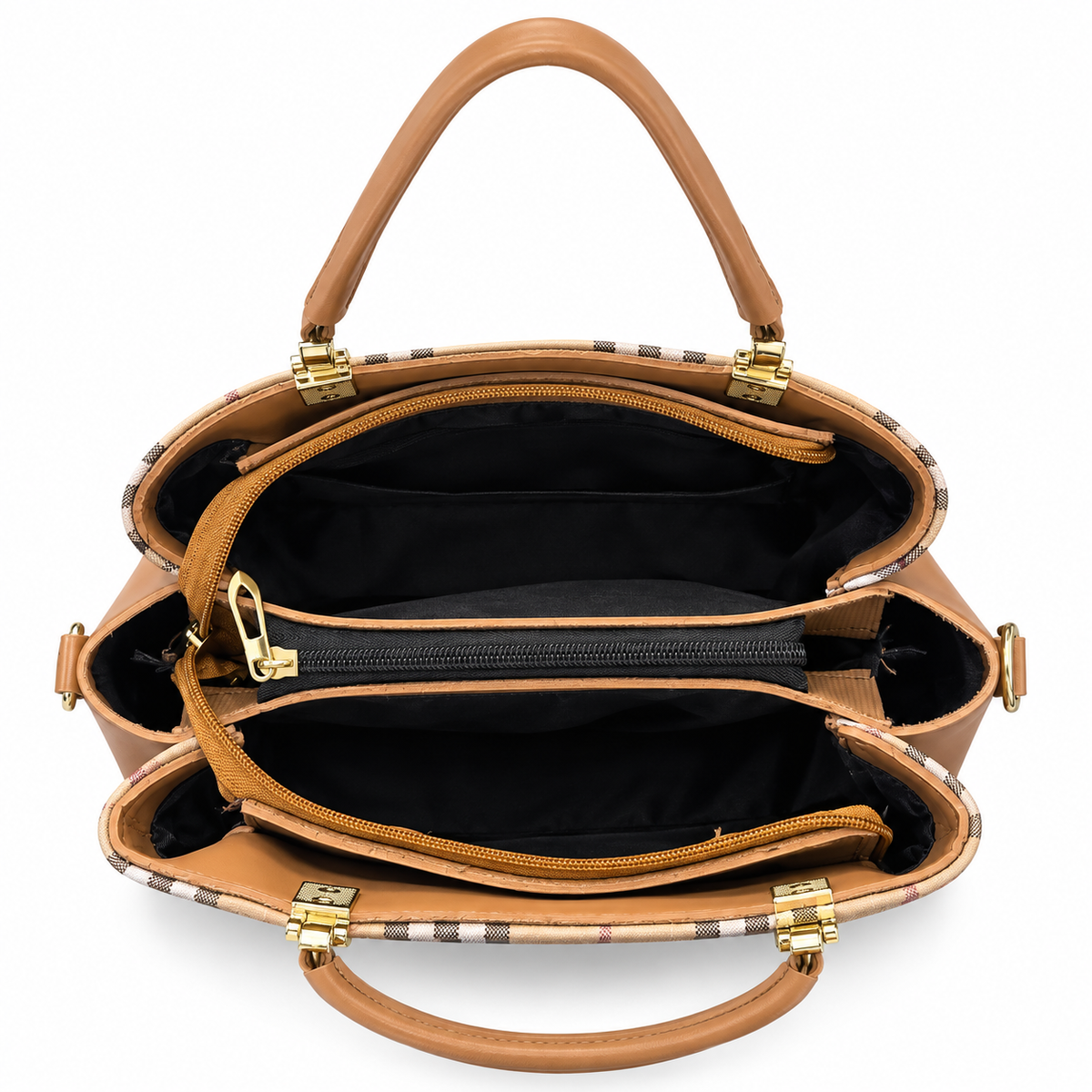 Check-Pattern Structured Handbag with Zippered Divider