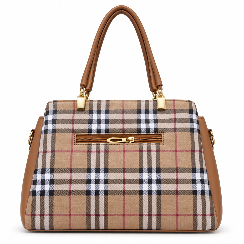 Check-Pattern Structured Handbag with Zippered Divider