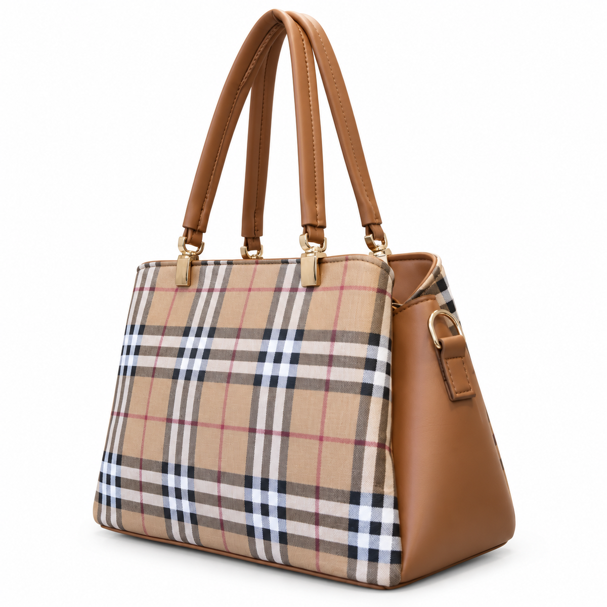 Check-Pattern Structured Handbag with Zippered Divider