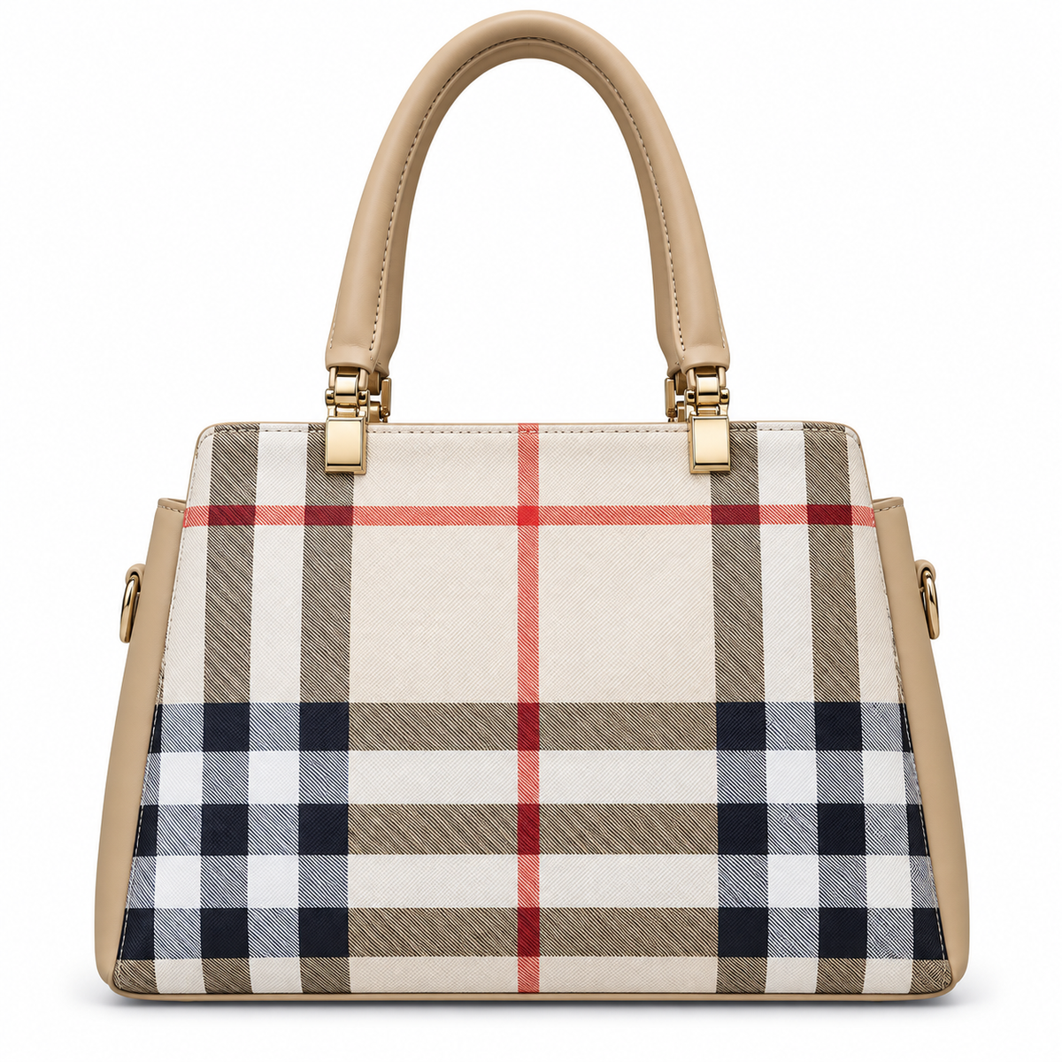 Check-Pattern Structured Handbag with Zippered Divider