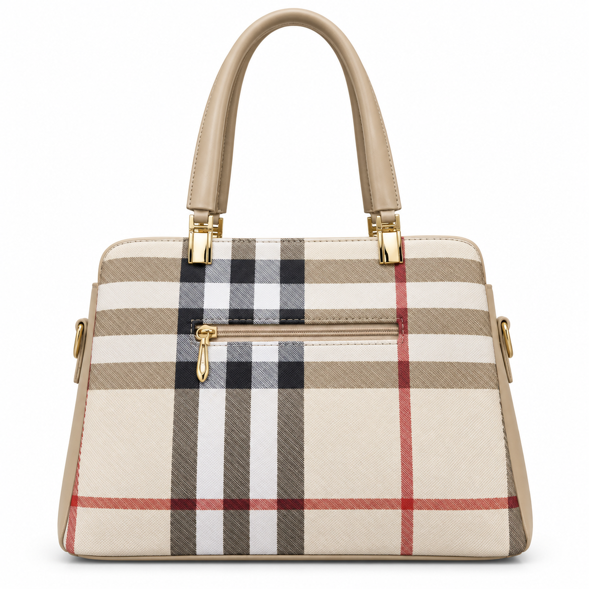 Check-Pattern Structured Handbag with Zippered Divider
