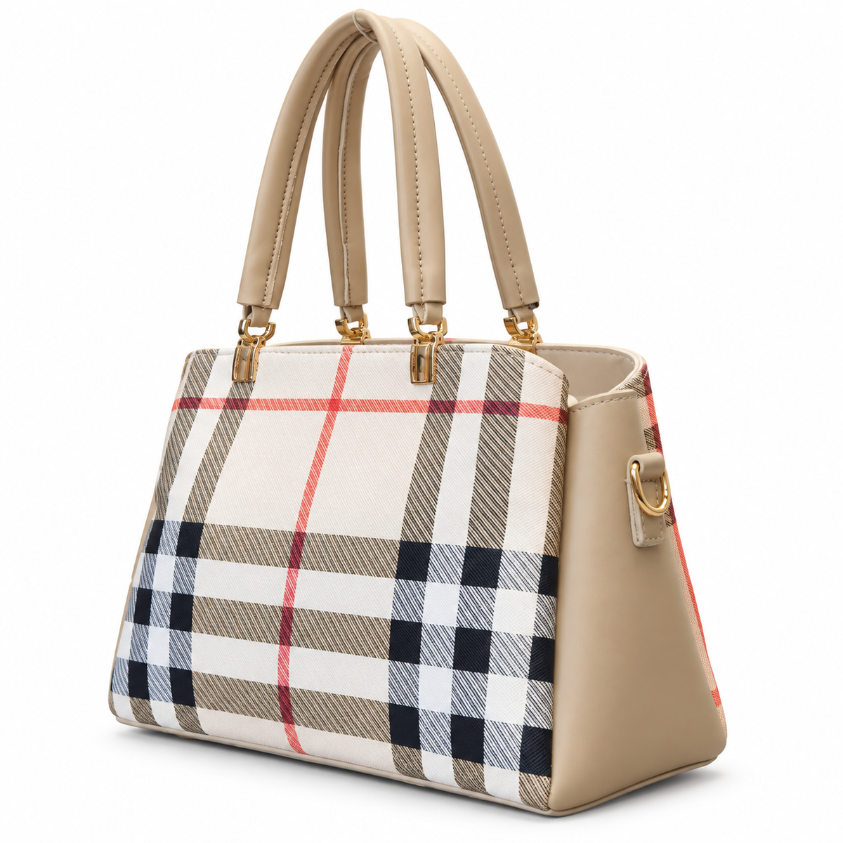 Check-Pattern Structured Handbag with Zippered Divider