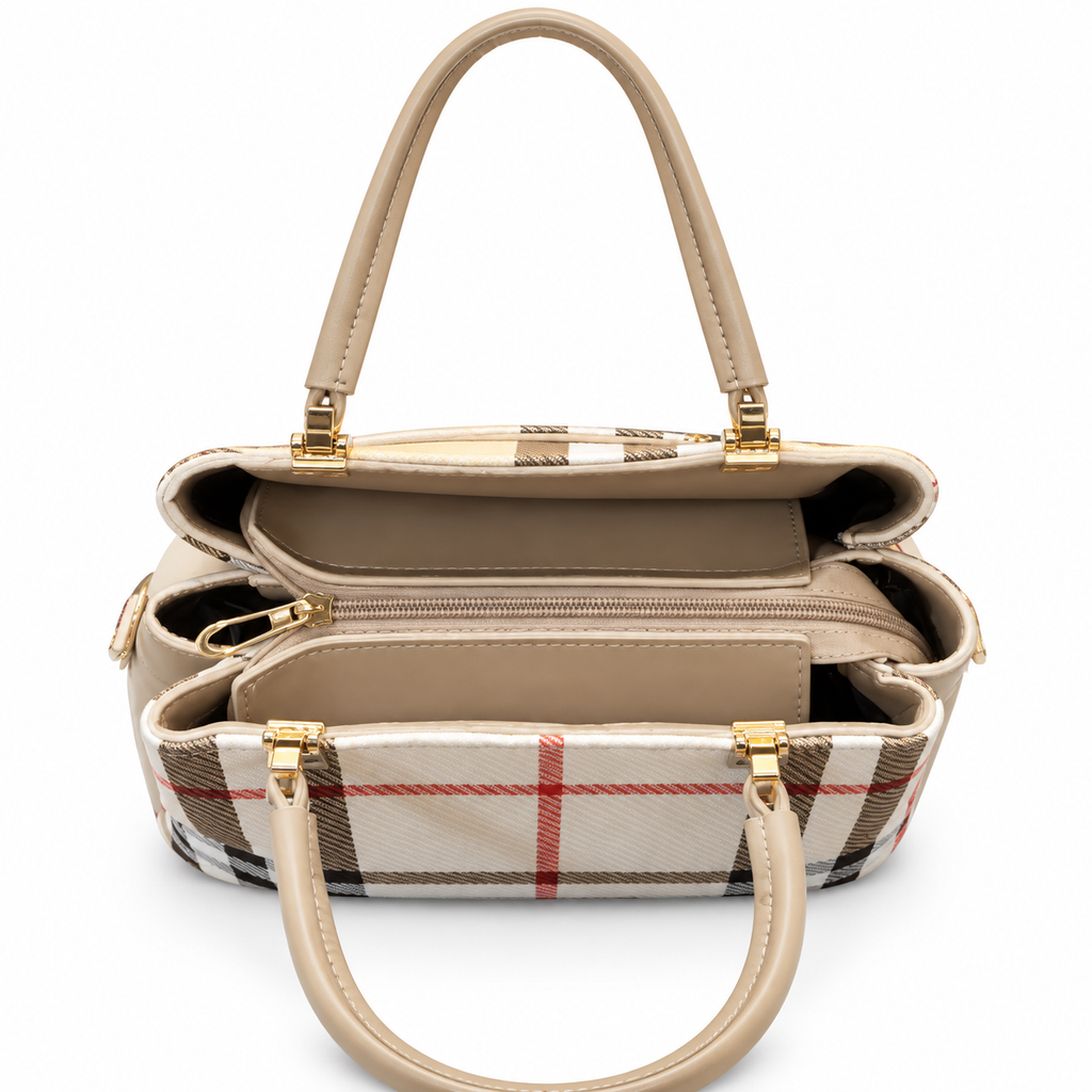 Check-Pattern Structured Handbag with Zippered Divider