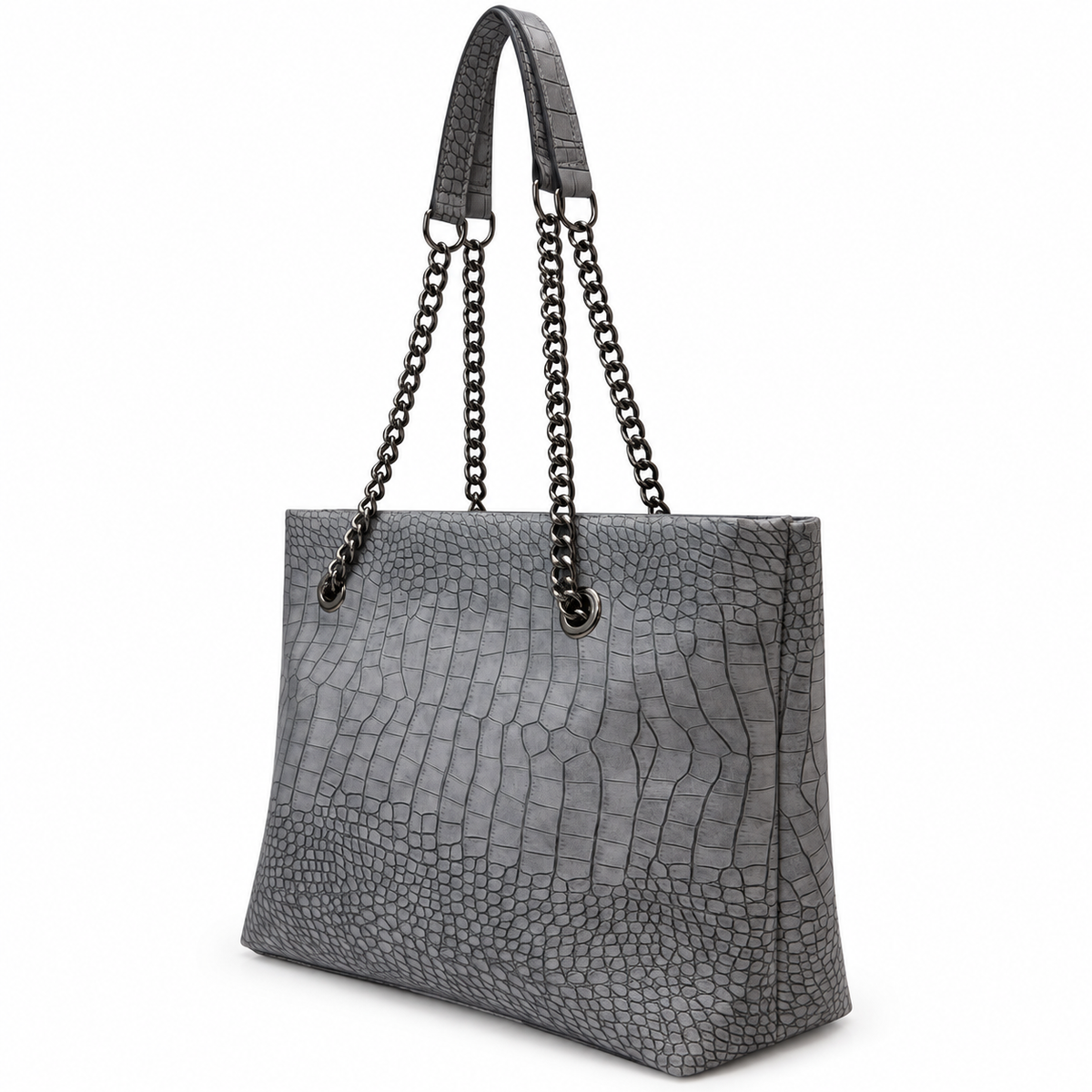 Croc-Embossed Chain Shoulder Tote Bag