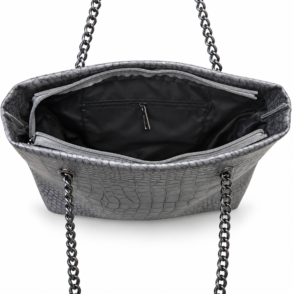 Croc-Embossed Chain Shoulder Tote Bag