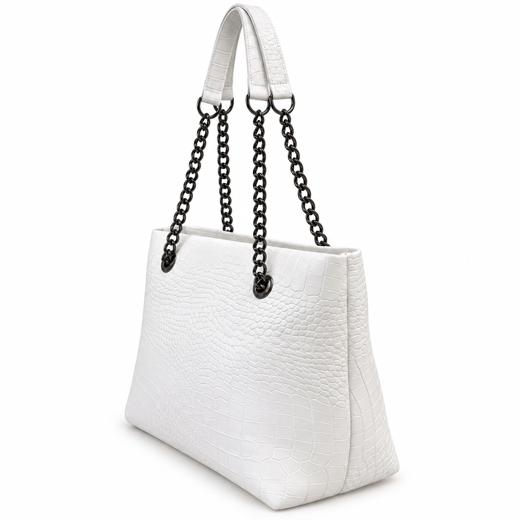 Croc-Embossed Chain Shoulder Tote Bag