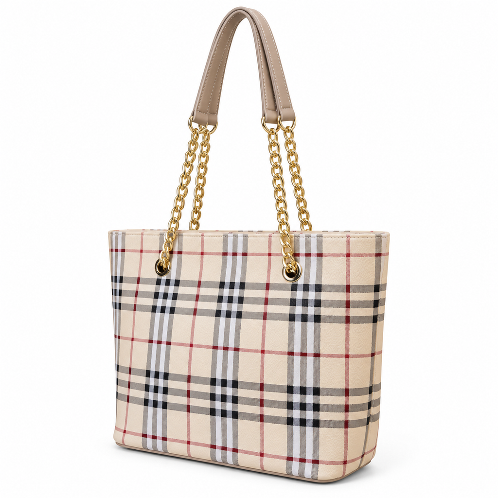 Check Pattern Chain Handle Tote Shoulder Bag