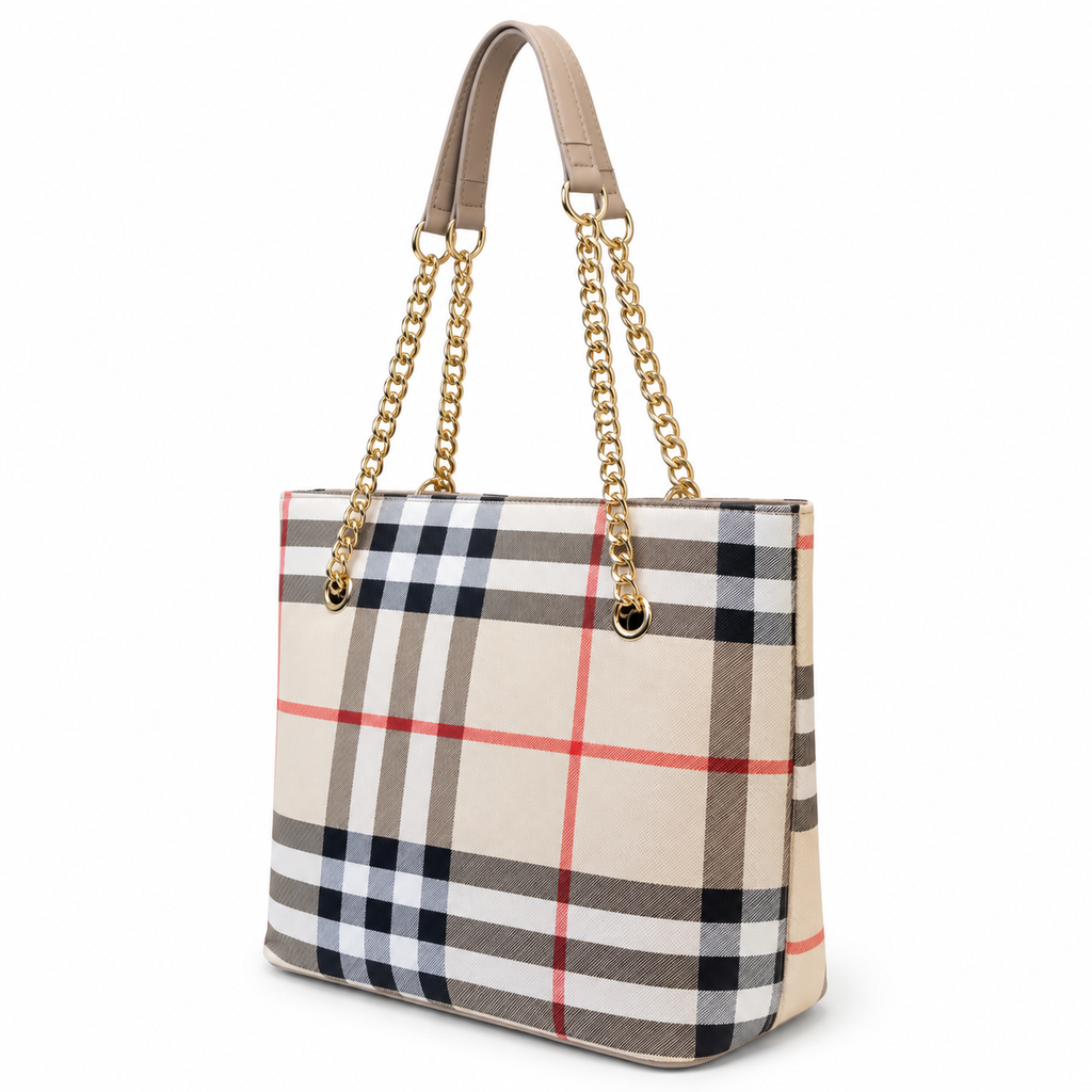 Check Pattern Chain Handle Tote Shoulder Bag