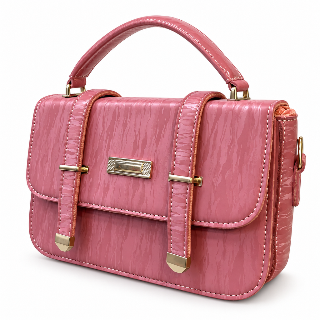 Textured Buckle Detail Satchel Handbag