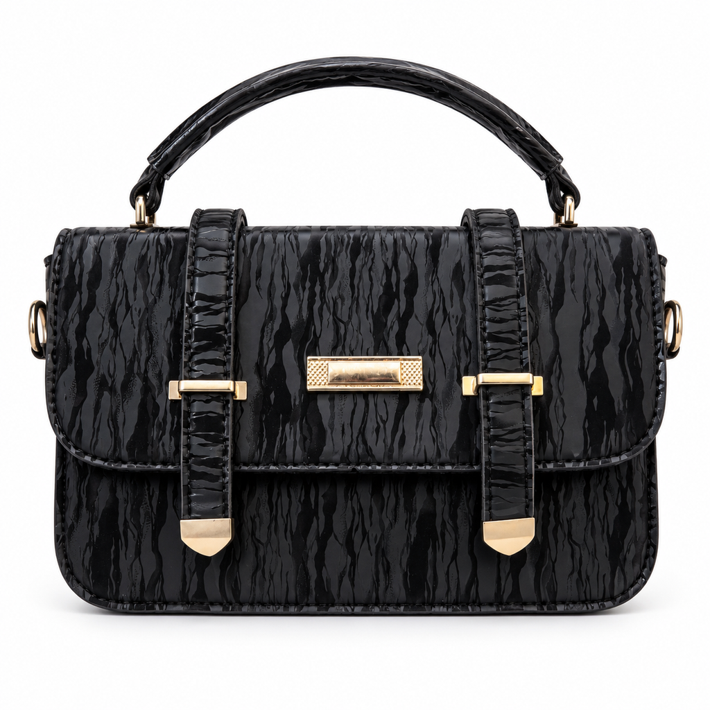 Textured Buckle Detail Satchel Handbag