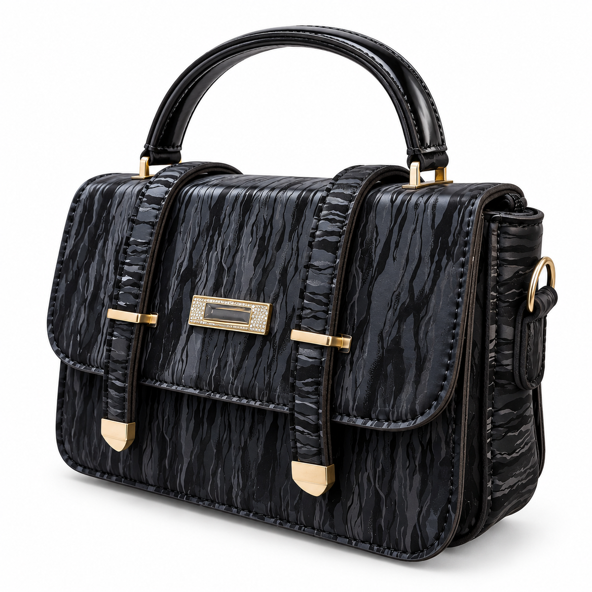 Textured Buckle Detail Satchel Handbag