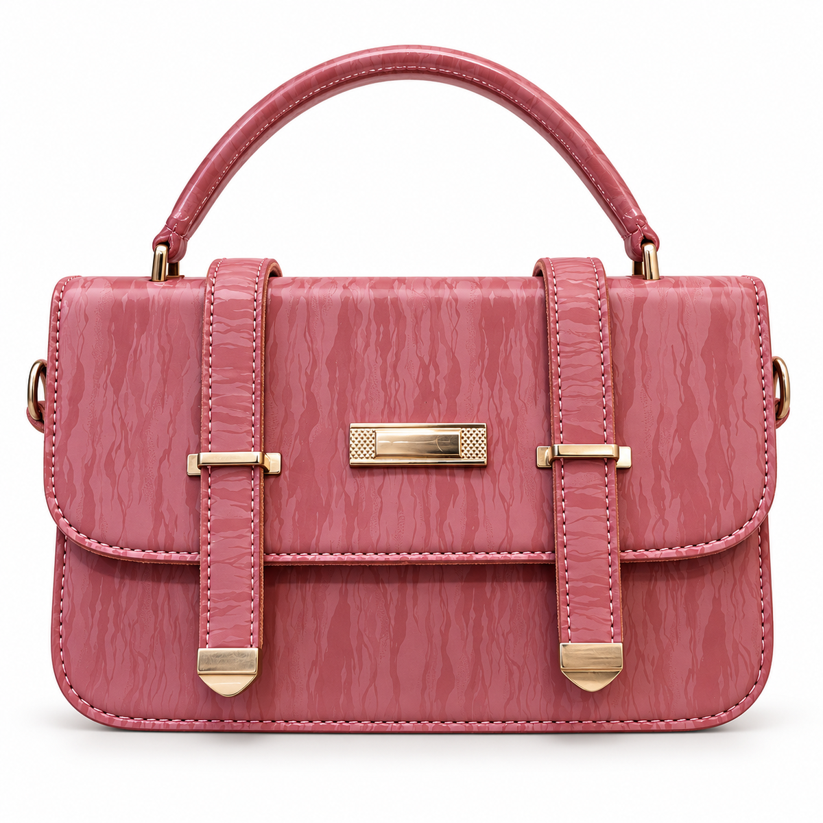 Textured Buckle Detail Satchel Handbag