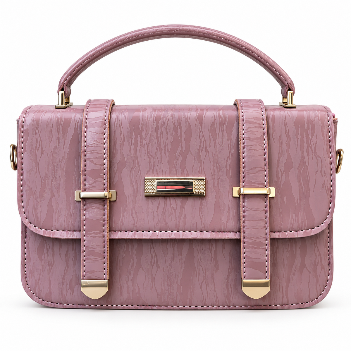 Textured Buckle Detail Satchel Handbag
