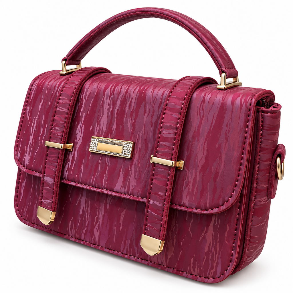 Textured Buckle Detail Satchel Handbag