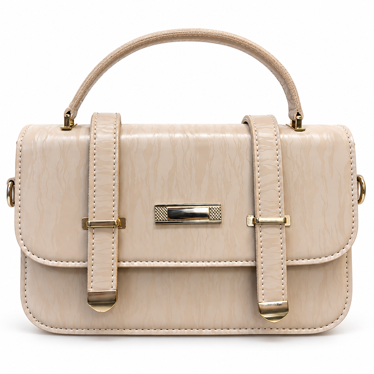 Textured Buckle Detail Satchel Handbag