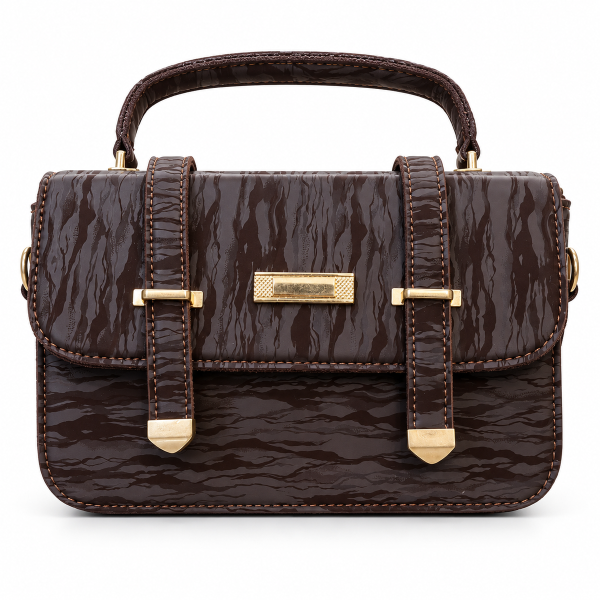 Textured Buckle Detail Satchel Handbag