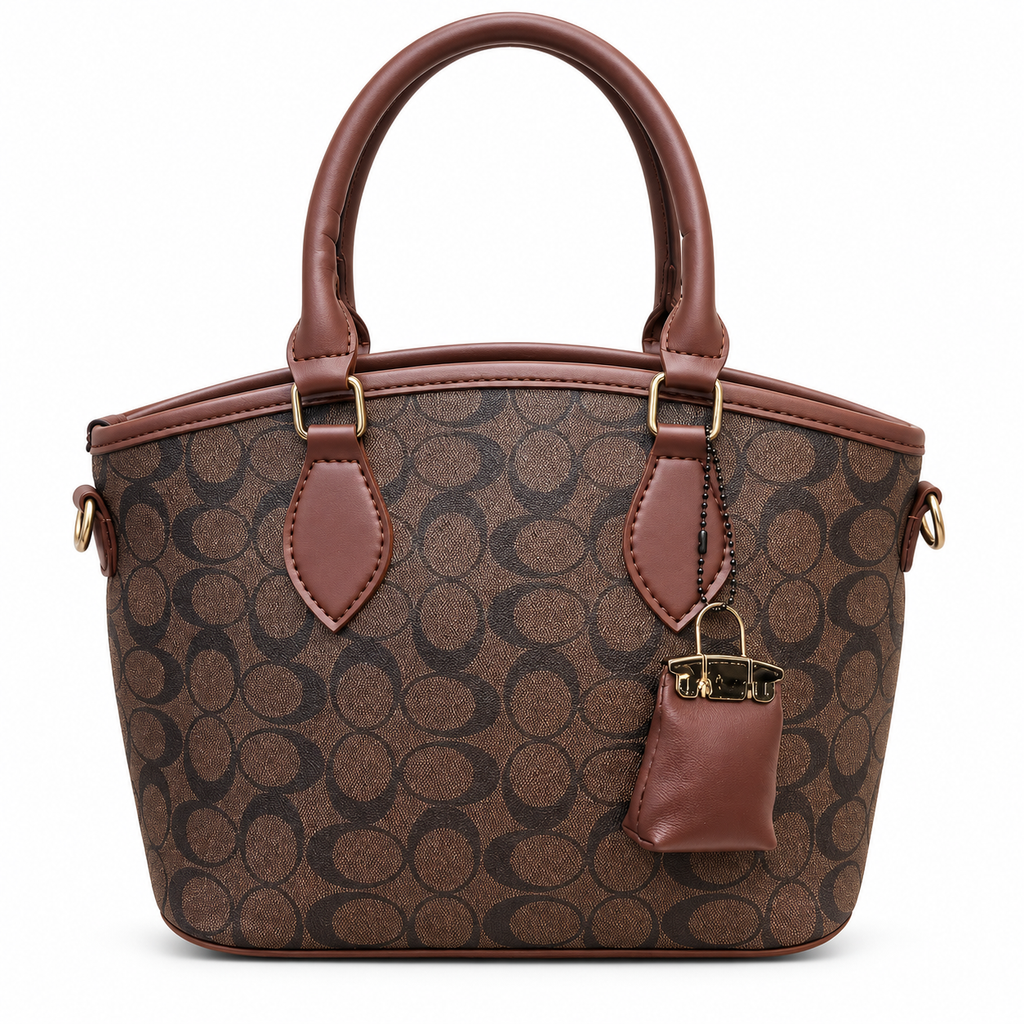 ARUKSA dark circle print top handle handbag with hanging mini handbag charm