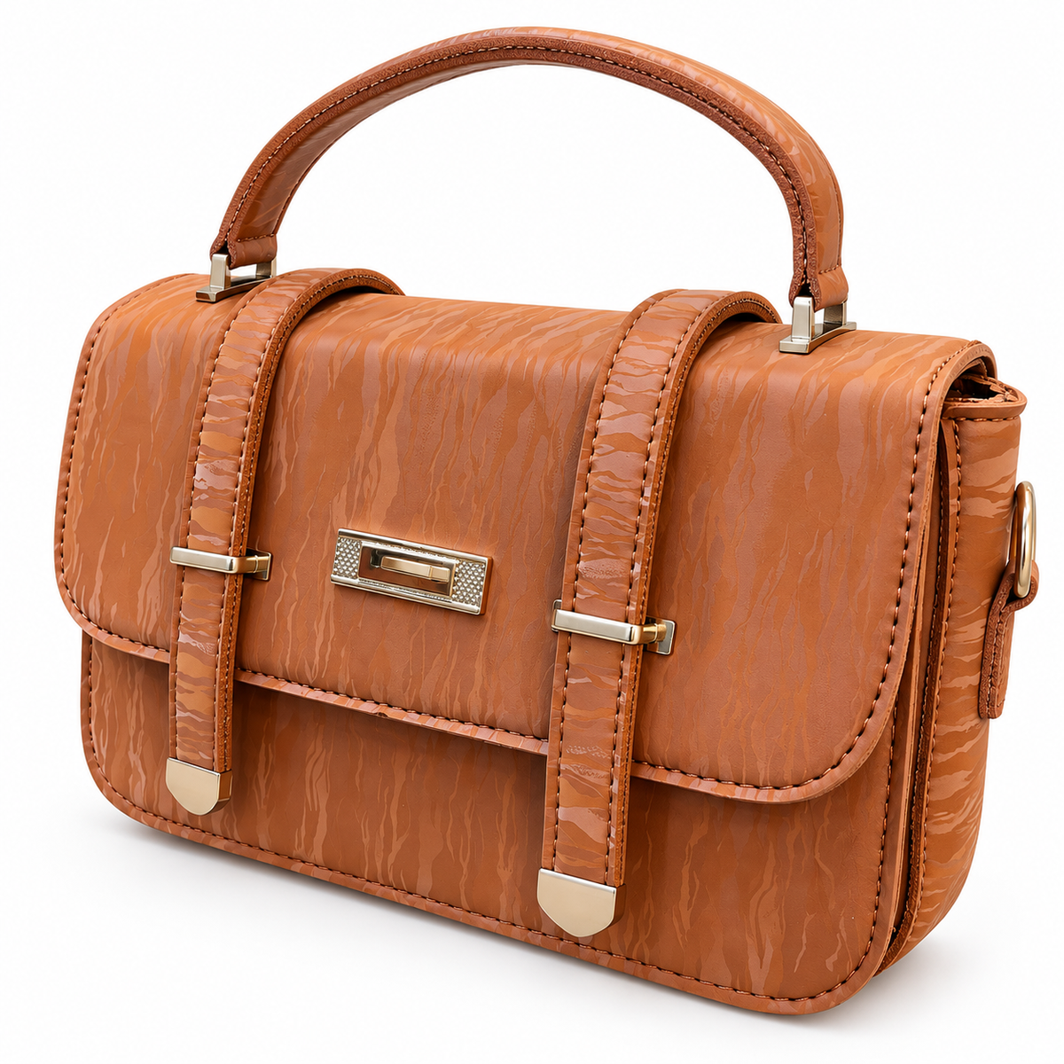 Textured Buckle Detail Satchel Handbag