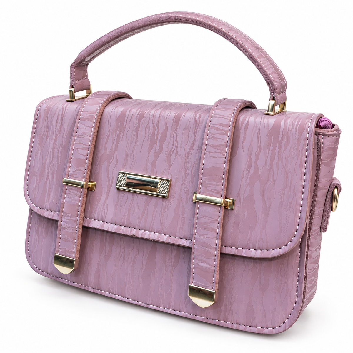 Textured Buckle Detail Satchel Handbag