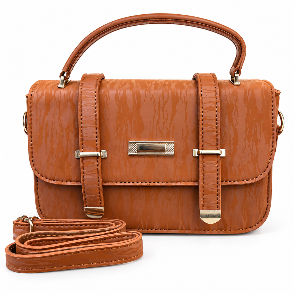 Textured Buckle Detail Satchel Handbag