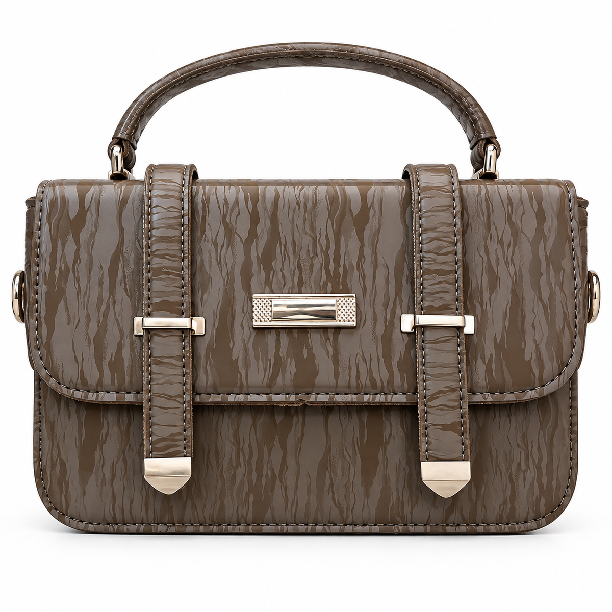 Textured Buckle Detail Satchel Handbag