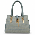 A structured handbag with a blue-gray and beige herringbone pattern, slate blue leather handles and trim, and gold-tone hardware, shown against a plain white background.