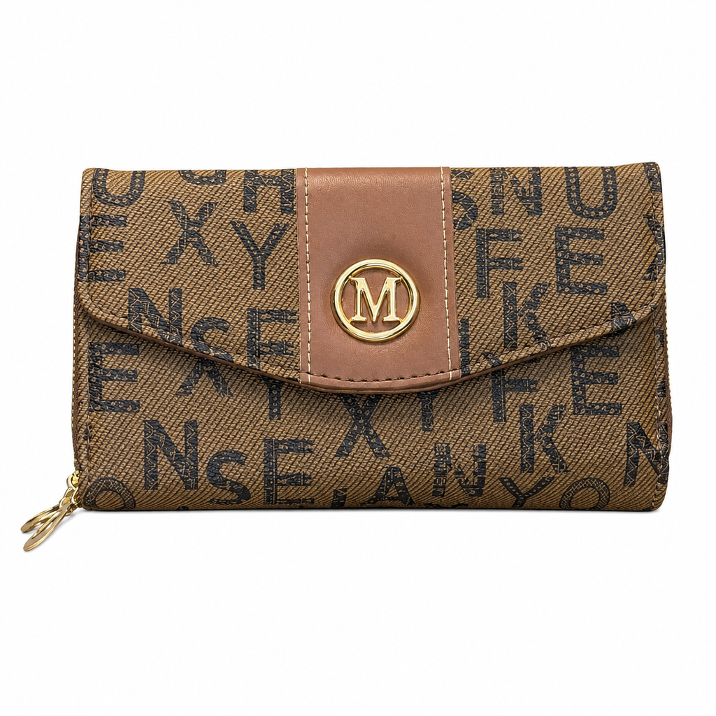 All-Over Letter-Pattern Flap Clutch