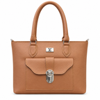 A tan pebbled leather handbag with silver-tone hardware, featuring a top handle, a front flap pocket with a turn-lock clasp, and an LV logo plaque on the front, set against a plain white background.