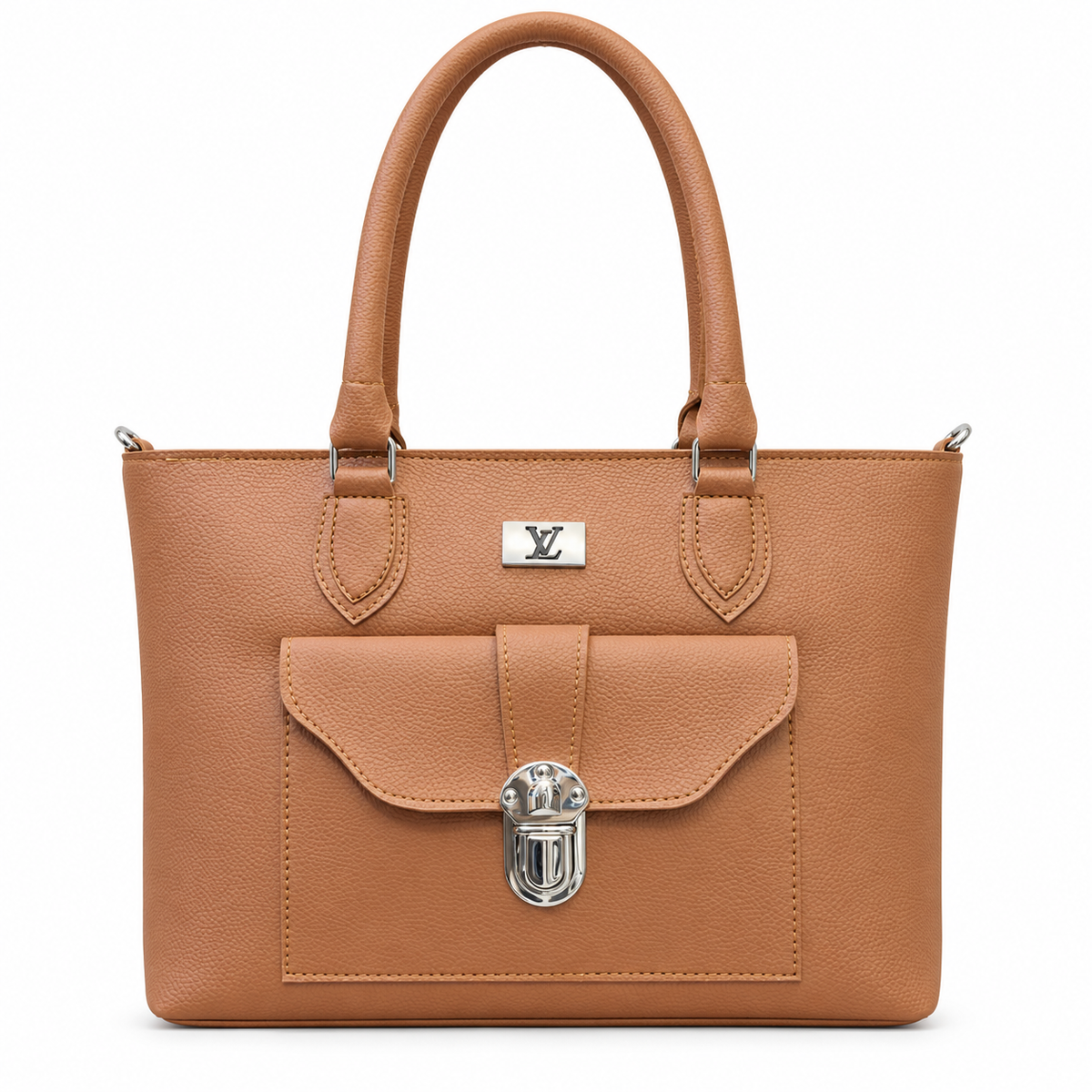 A tan pebbled leather handbag with silver-tone hardware, featuring a top handle, a front flap pocket with a turn-lock clasp, and an LV logo plaque on the front, set against a plain white background.