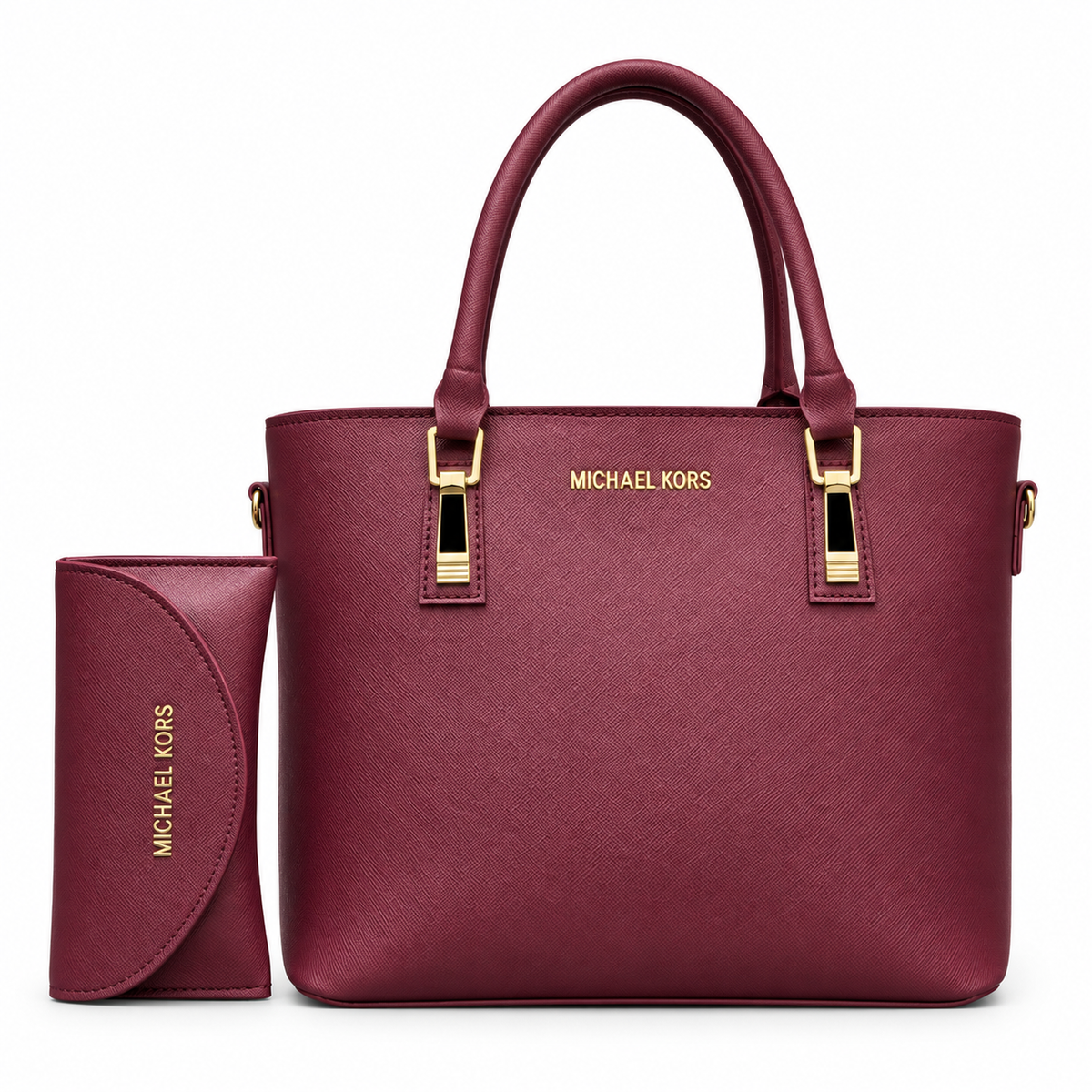 Structured textured handbag with matching accessory pouch and gold-tone hardware