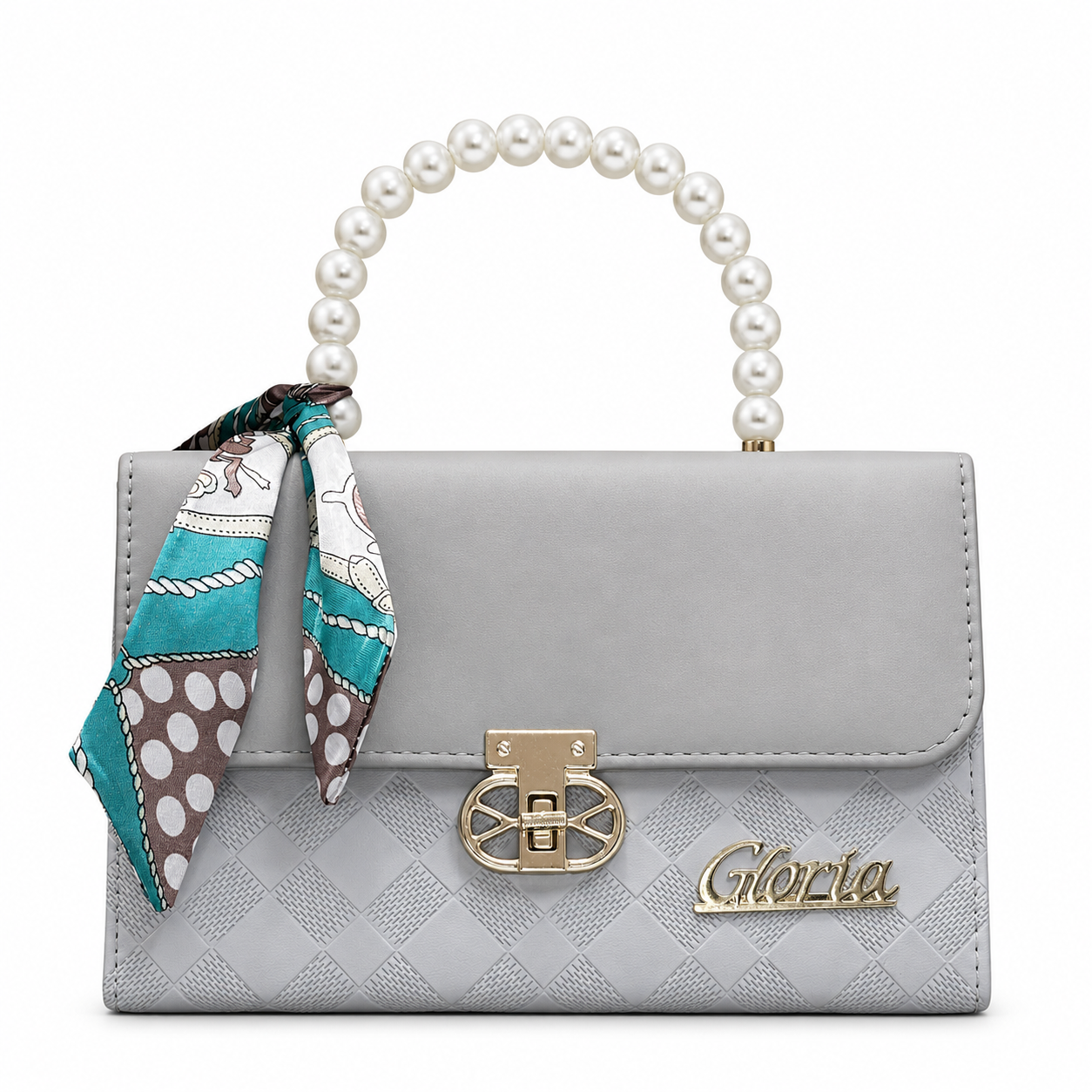 Pearl-Handle Scarf-Accent Handbag