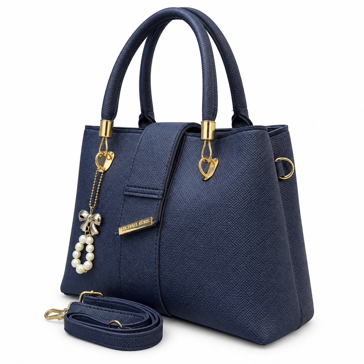 Structured Textured Handbag with Bow & Pearl Charm