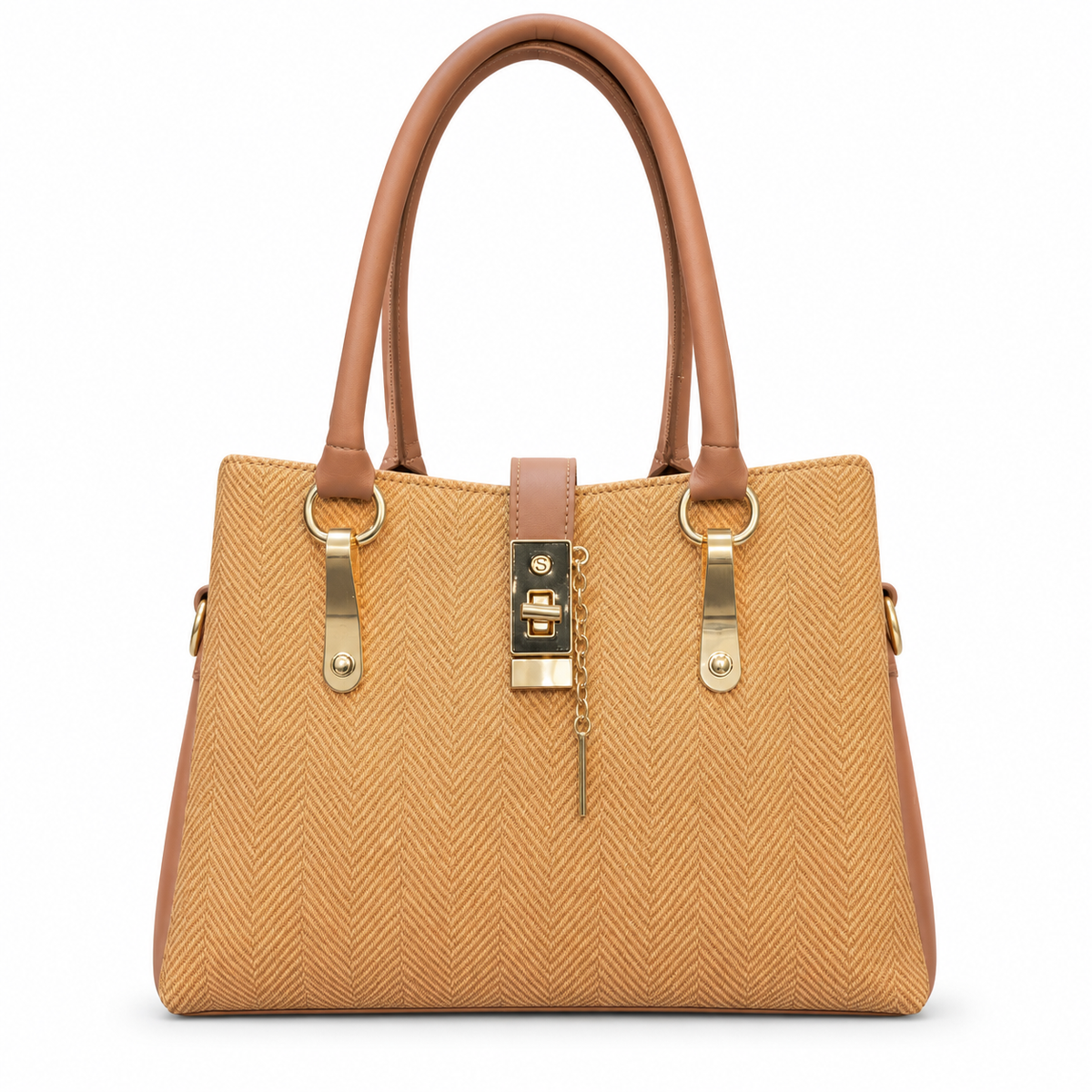 A structured tan herringbone-patterned handbag with brown leather handles and trim, featuring gold-tone hardware and a decorative hanging charm, shown against a plain white background.