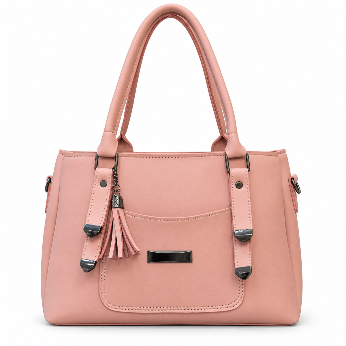 Structured handbag with three zip compartments, top handles and tassel charm