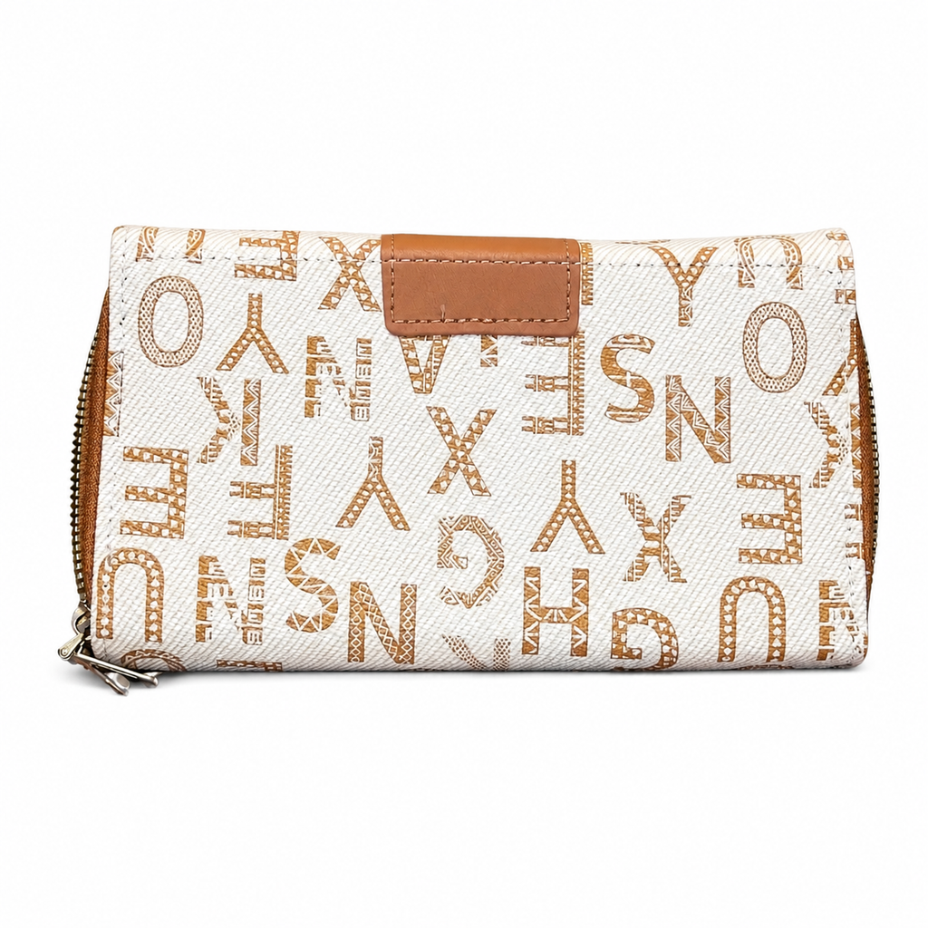 All-Over Letter-Pattern Flap Clutch