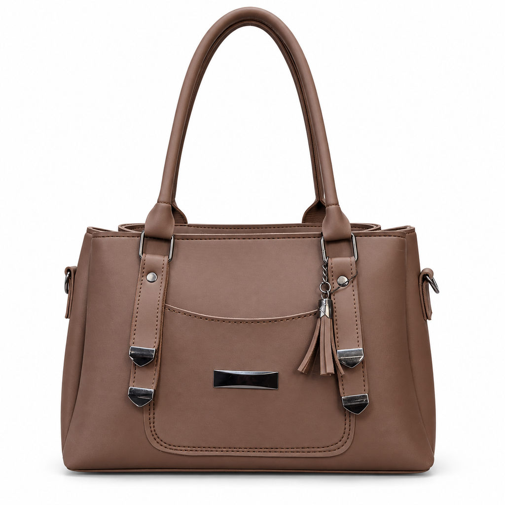 Structured handbag with three zip compartments, top handles and tassel charm