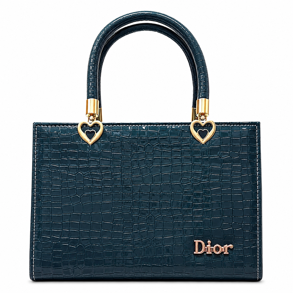 Croc-Textured Structured Handbag with Heart Handles