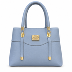 A light blue faux leather handbag with gold-tone hardware, featuring dual top handles, a front strap detail, and a central brand plaque that reads 'SARAGO'.