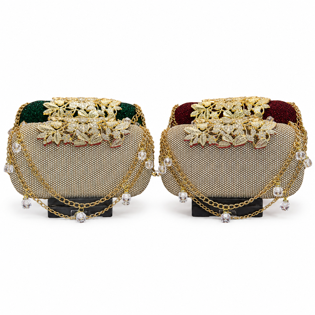 Embellished Beaded Floral Clutch with Chain Strap
