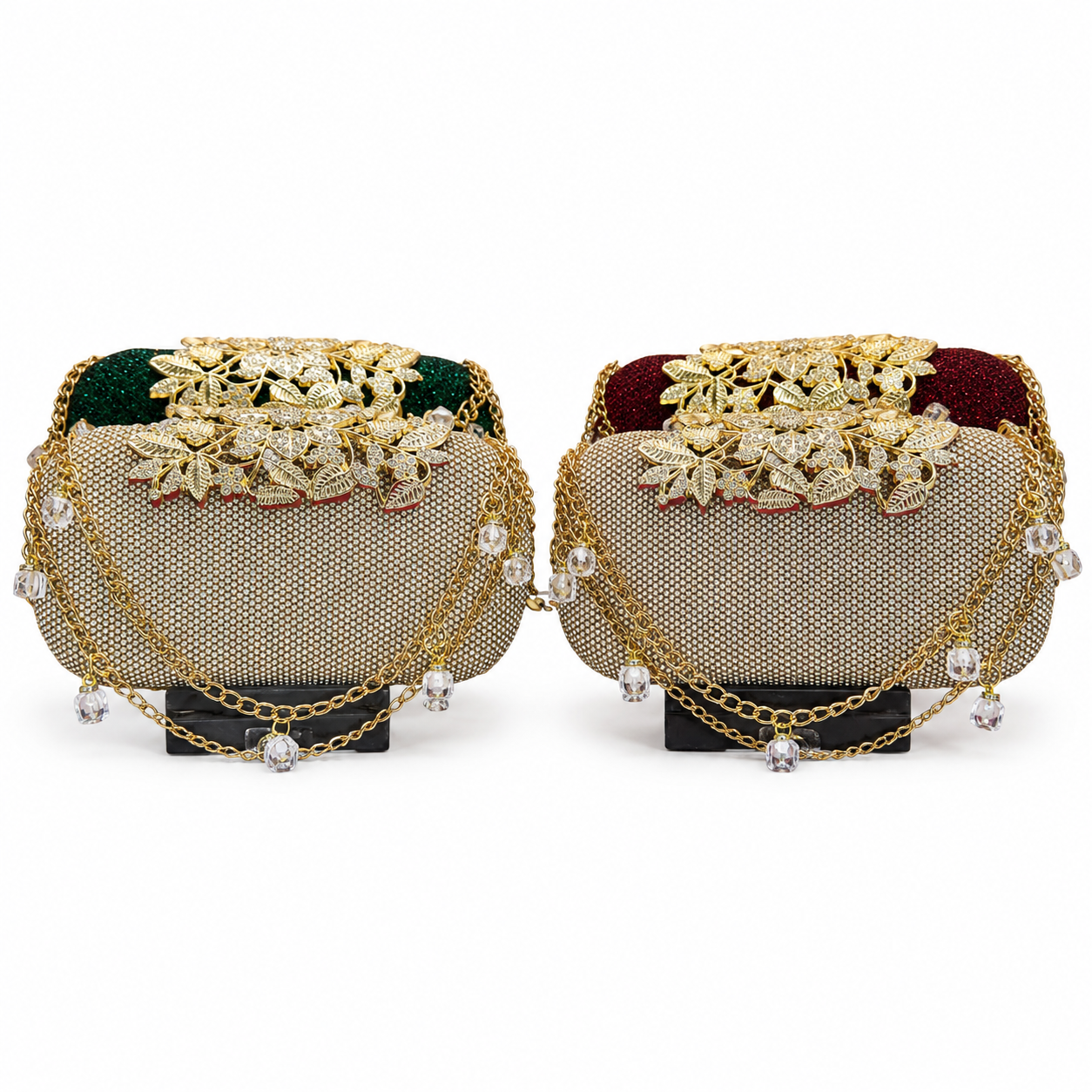 Embellished Beaded Floral Clutch with Chain Strap