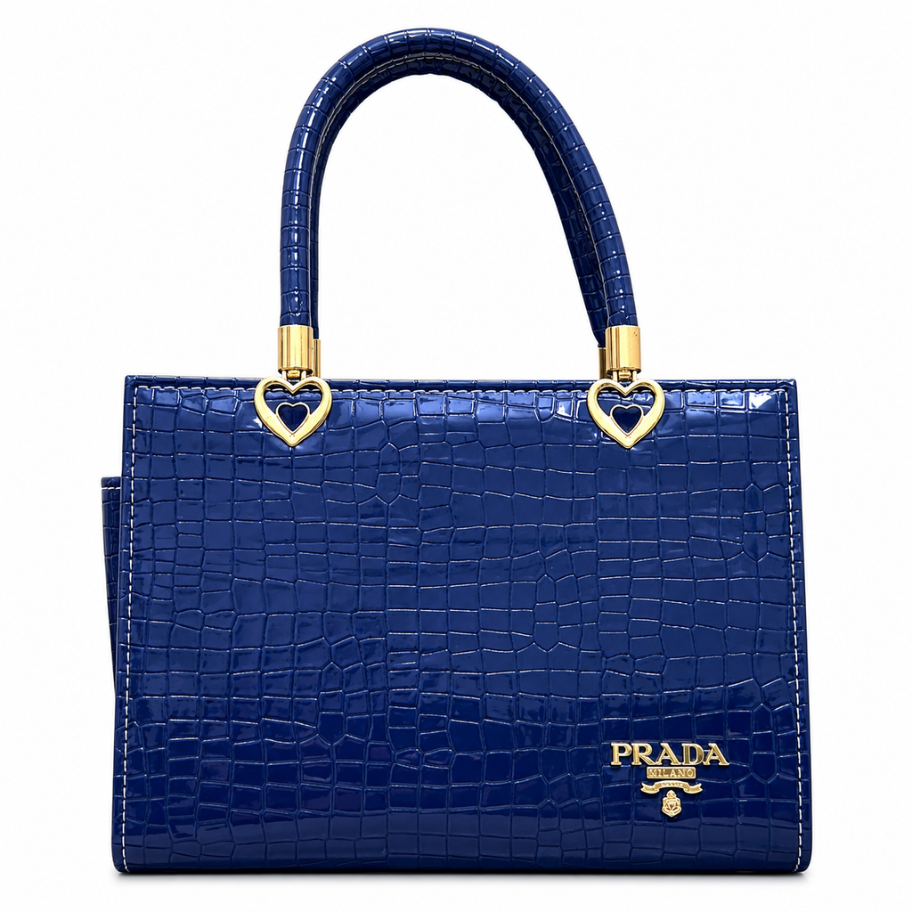 Croc-Textured Structured Handbag with Heart Handles