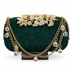 Embellished Beaded Floral Clutch with Chain Strap