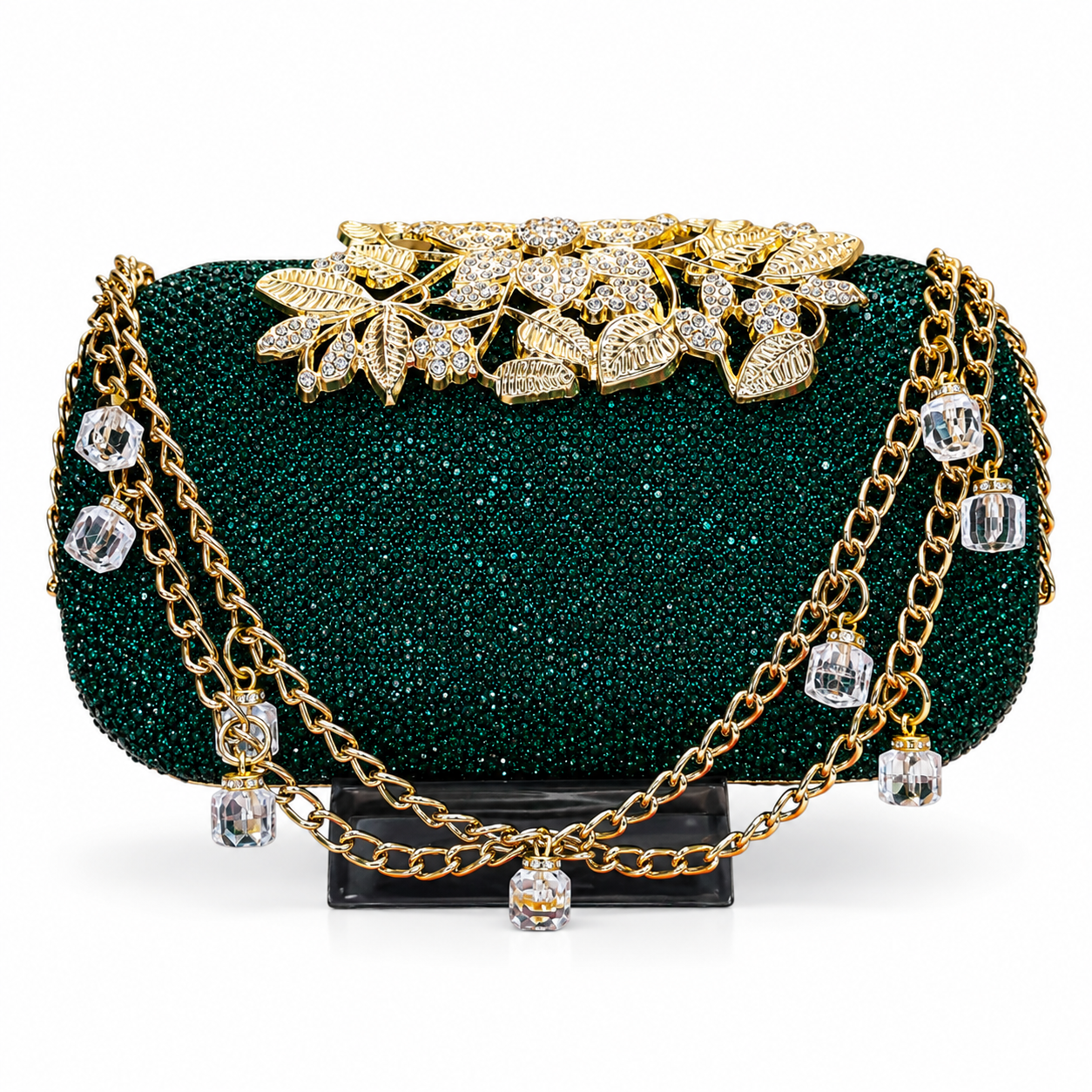 Embellished Beaded Floral Clutch with Chain Strap